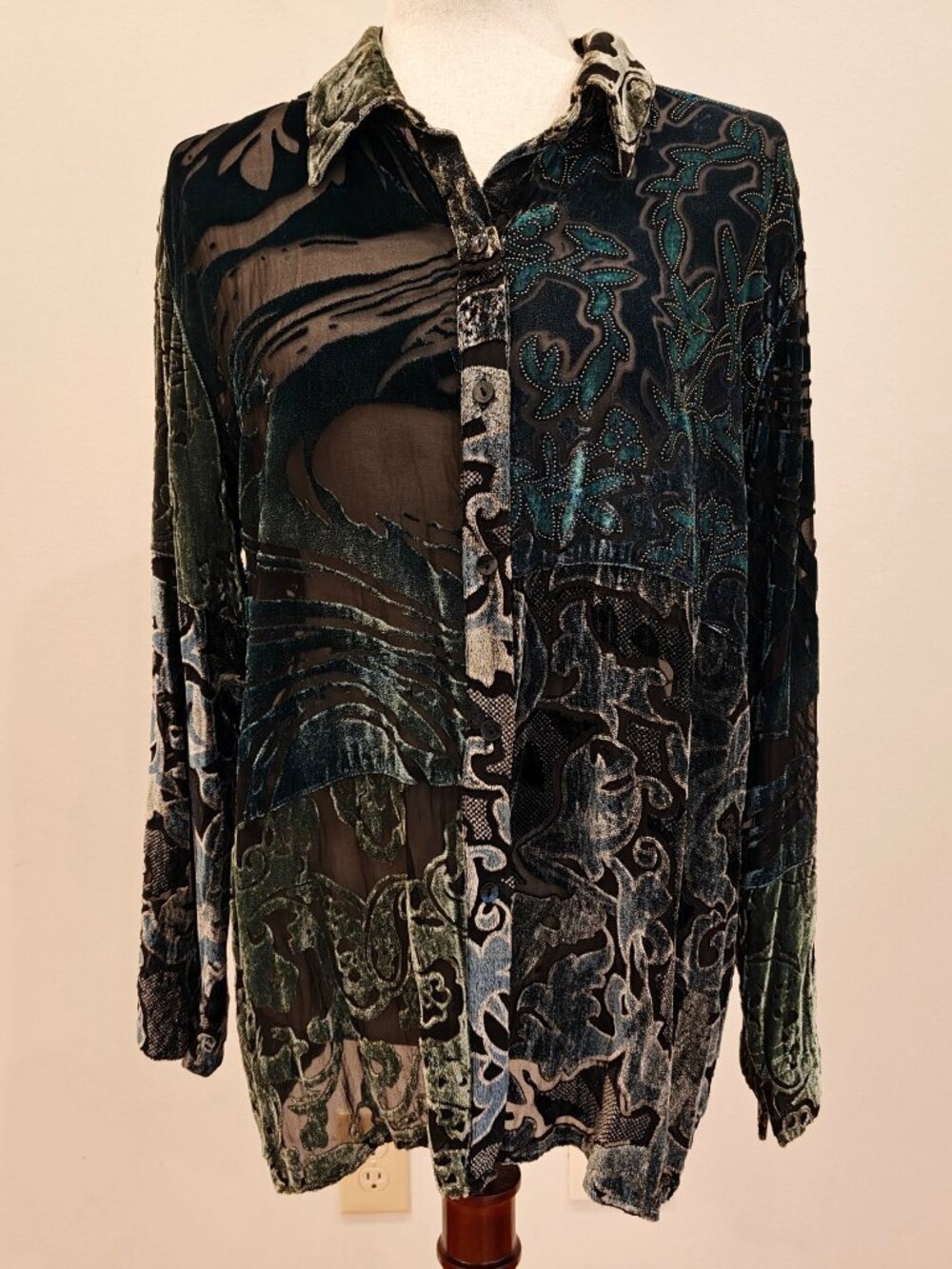 Vintage Chicos Design Top Blouse 2 Large Green Silk Velvet Burnout Sheer Flowy